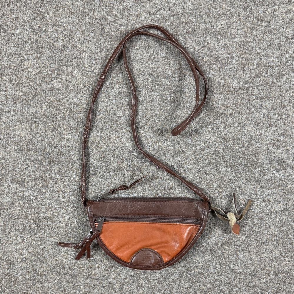 Retro ‘Land’ Two Tone Brown Leather Mini Zip Pouch Bag Crossbody Shoulder Purse